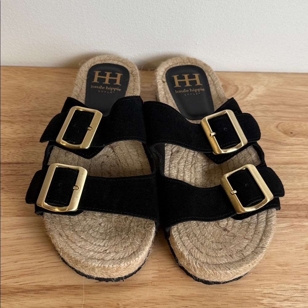 NWOT| Haute Hippie| NIKKI Black with Gold Accents  sandals | big buckle